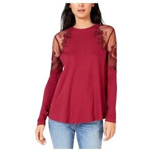 Free People Wine Daniella Lace Embroidered Illusion Shoulder Long Sleeve Top S